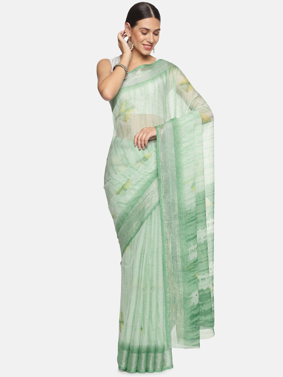 

Kancheepuram Kalakshetra Silks Green Mist Zari Bandhani Saree