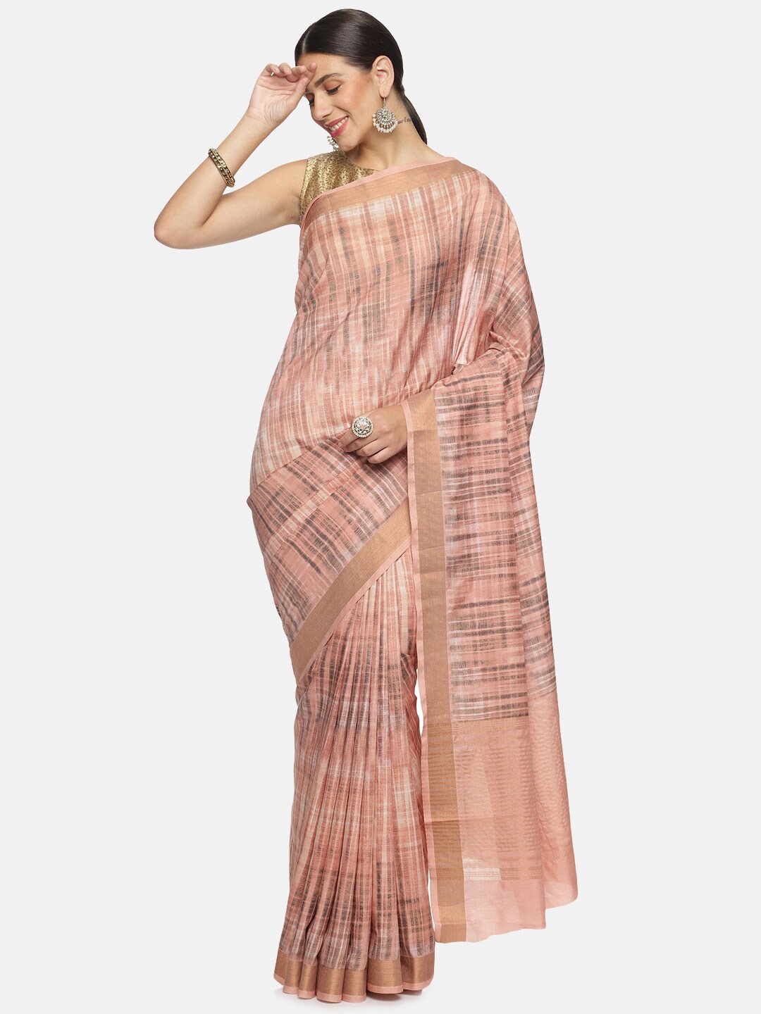 

Kancheepuram Kalakshetra Silks Abstract Printed Zari Saree, Peach