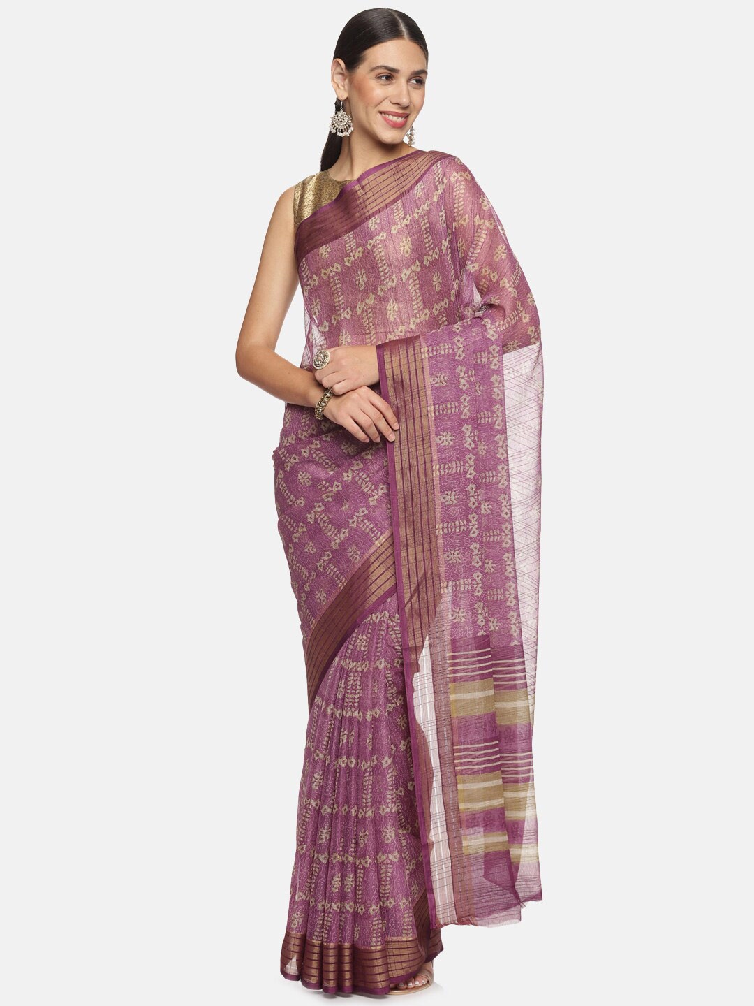 

Kancheepuram Kalakshetra Silks Wild Wood Batik Printed Zari Saree, Purple
