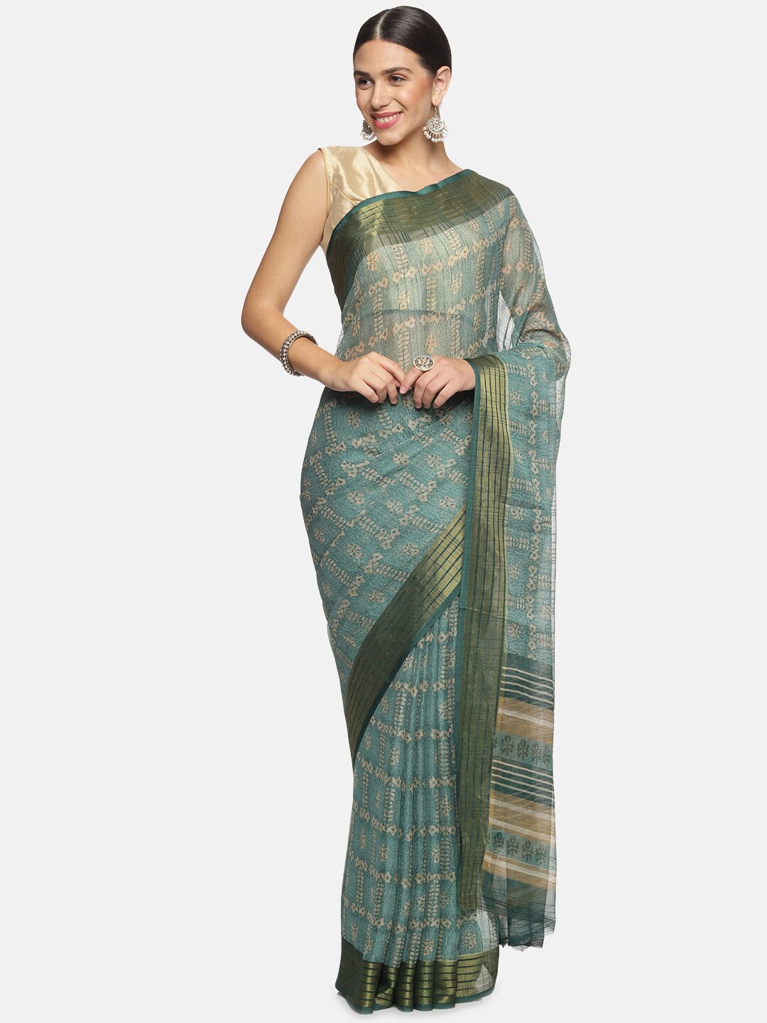 

Kancheepuram Kalakshetra Silks The Wild Wood Batik Printed Zari Saree, Teal