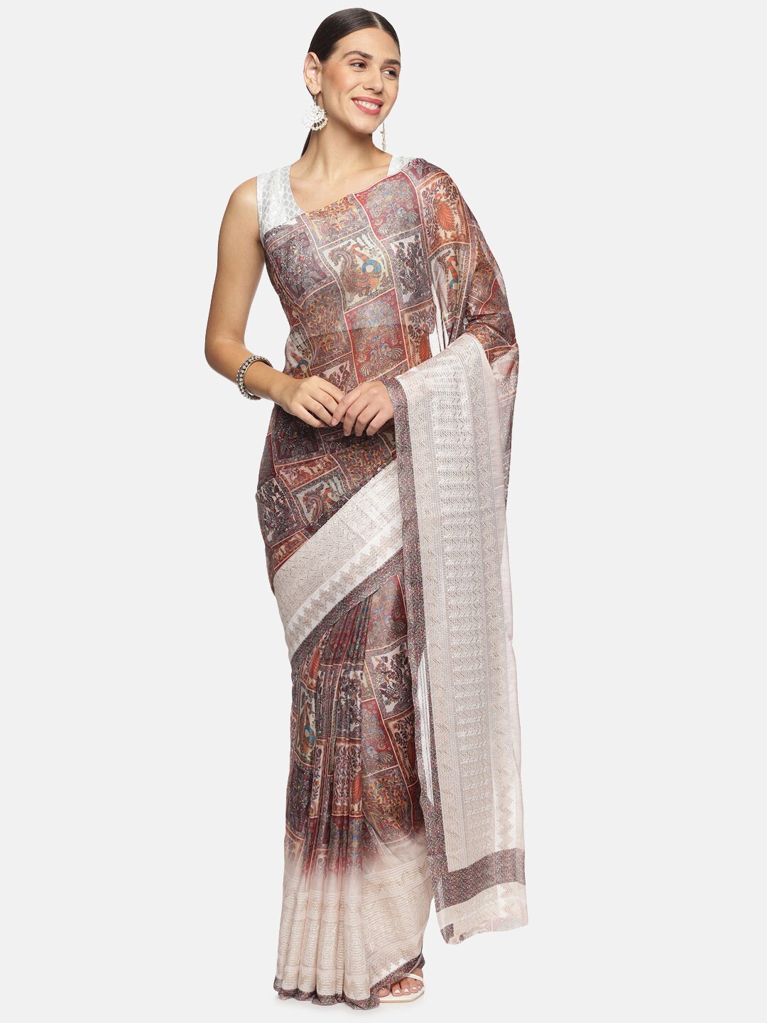 

Kancheepuram Kalakshetra Silks Chess block style Kalamkari Floral printed saree, Cream
