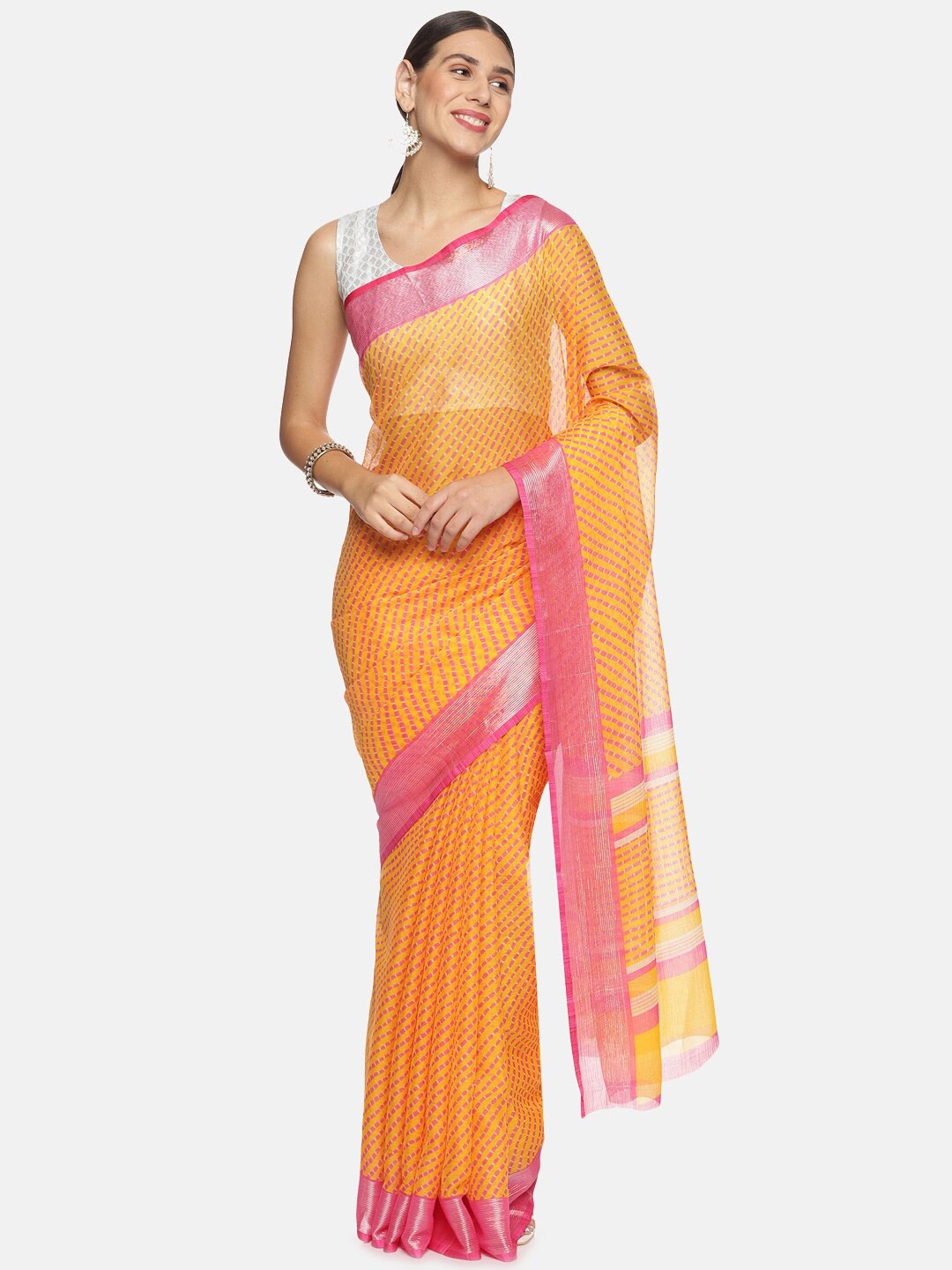 

Kancheepuram Kalakshetra Silks Funky Sun Striped Printed Zari Saree, Orange
