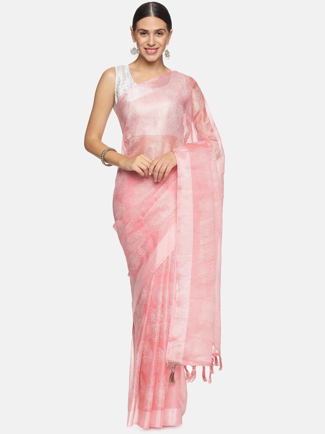 

Kancheepuram Kalakshetra Silks Cotton Candy FForal Printed Organza Saree, Pink