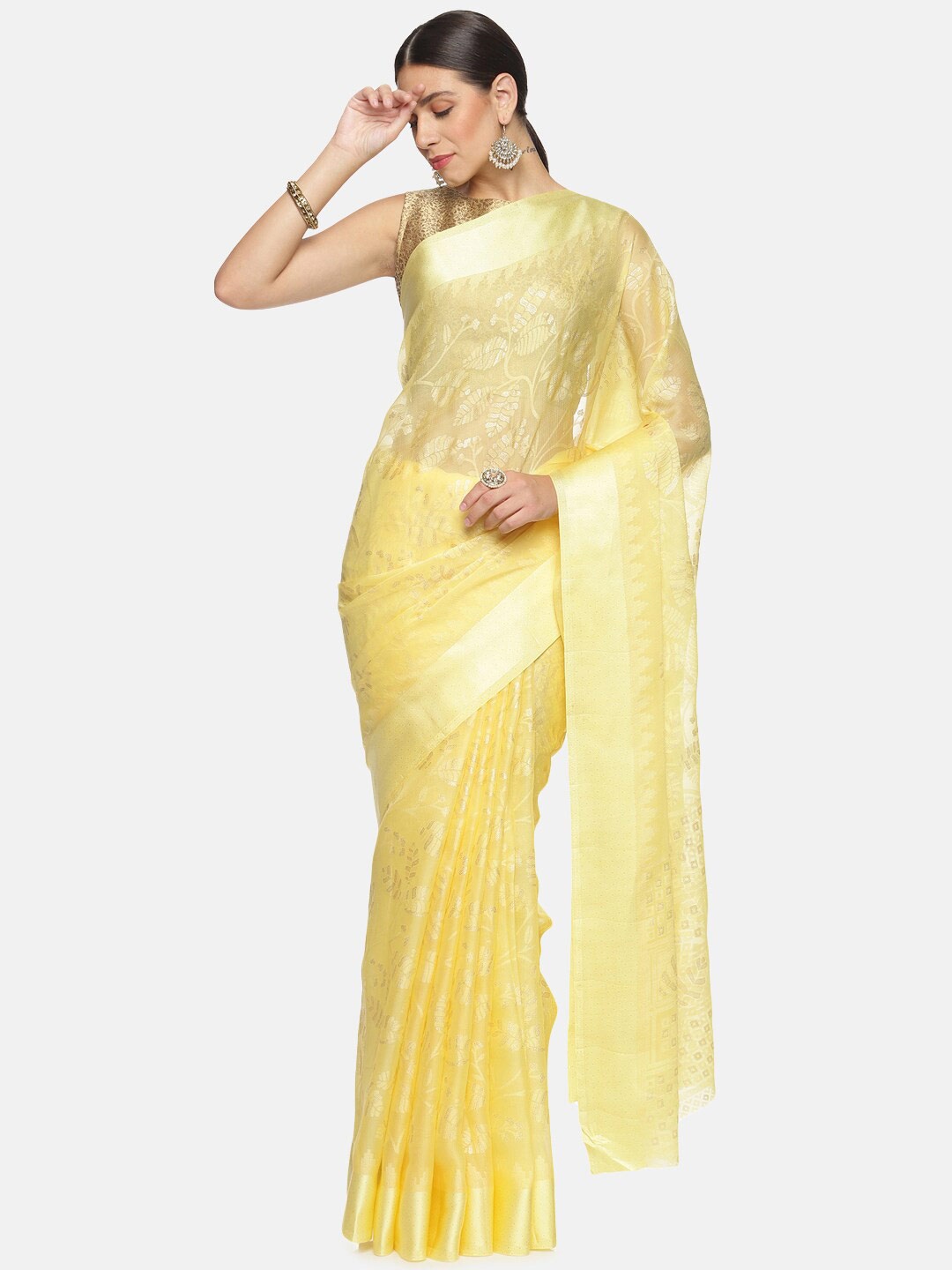 

Kancheepuram Kalakshetra Silks Morning Sunshine Floral Printed Brasso Saree, Yellow