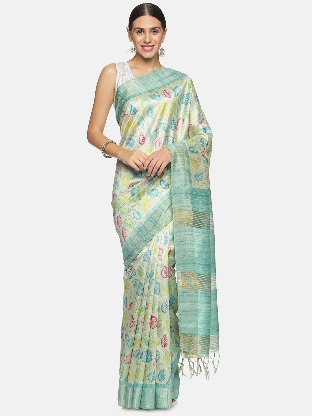 

Kancheepuram Kalakshetra Silks Sublime Cyan Floral Printed Saree, Cream
