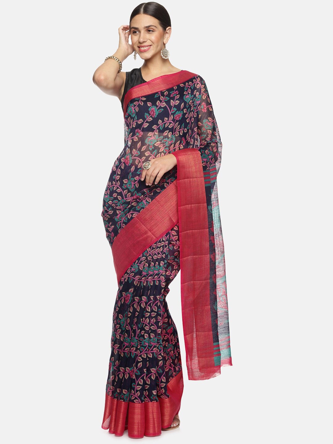 

Kancheepuram Kalakshetra Silks Kalamkari Printed Zari Saree, Navy blue