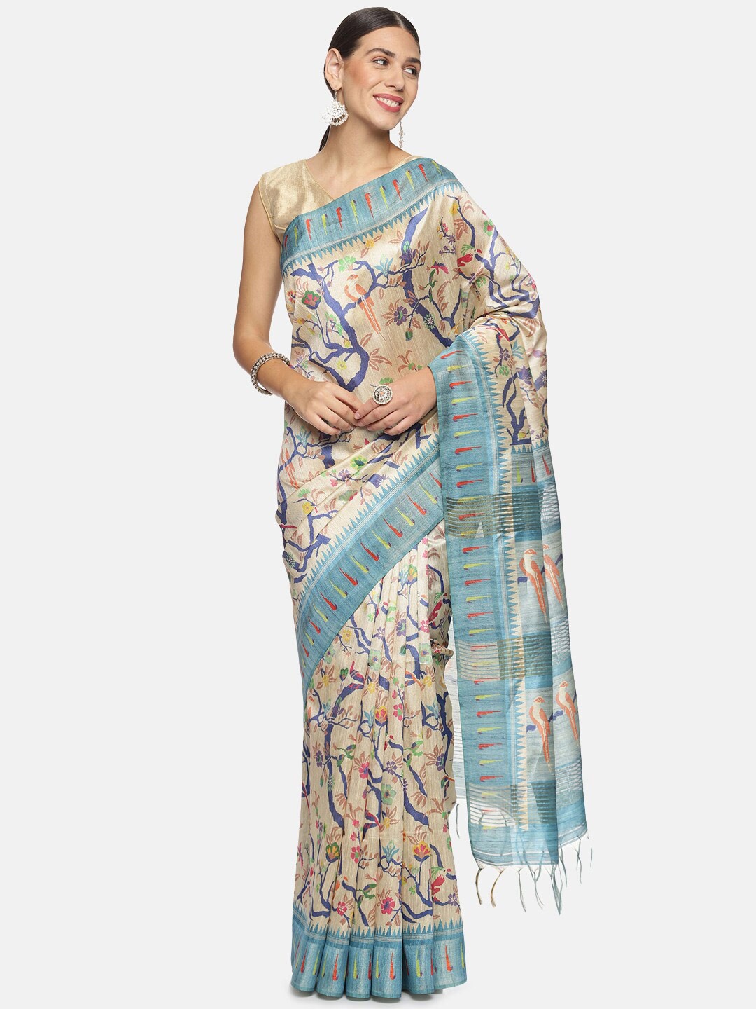

Kancheepuram Kalakshetra Silks Sapphire Floral Printed Saree, Cream
