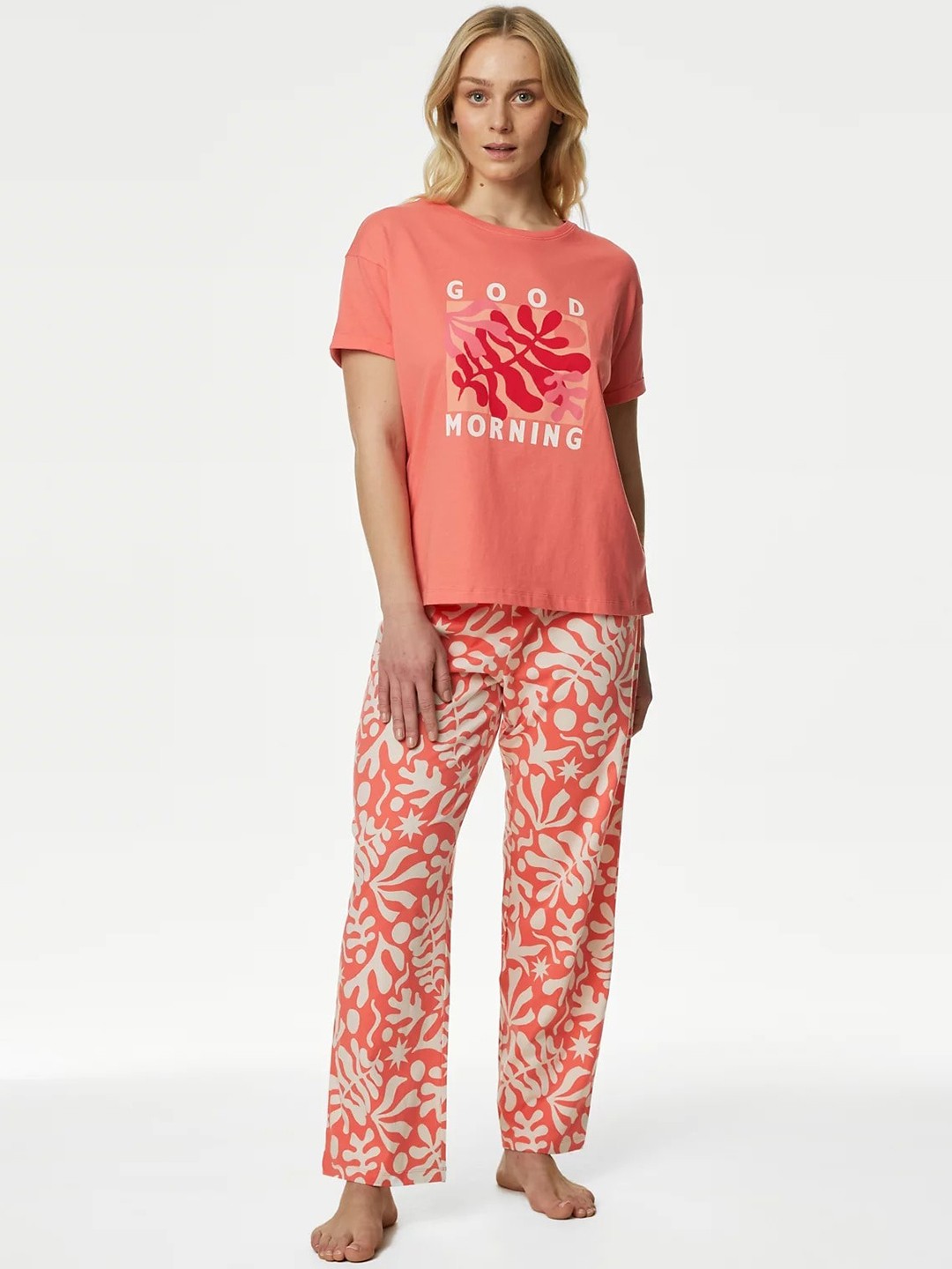 

Marks & Spencer Typography Printed Pure Cotton Night Suit, Coral