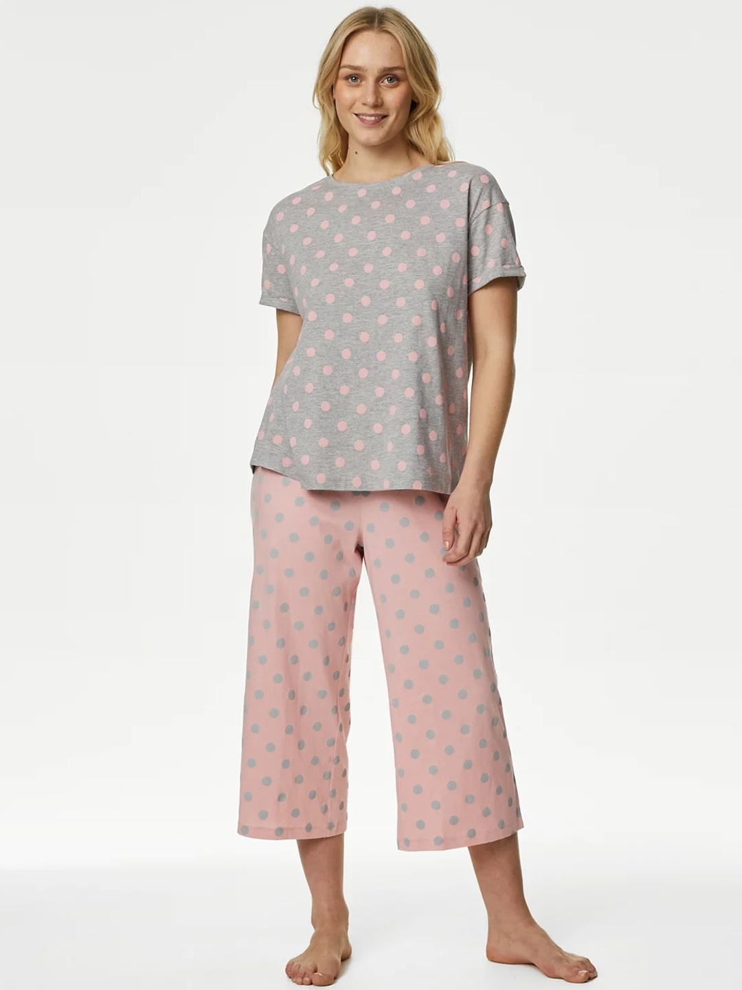 

Marks & Spencer Polka Dots Printed Pure Cotton Night Suit, Grey
