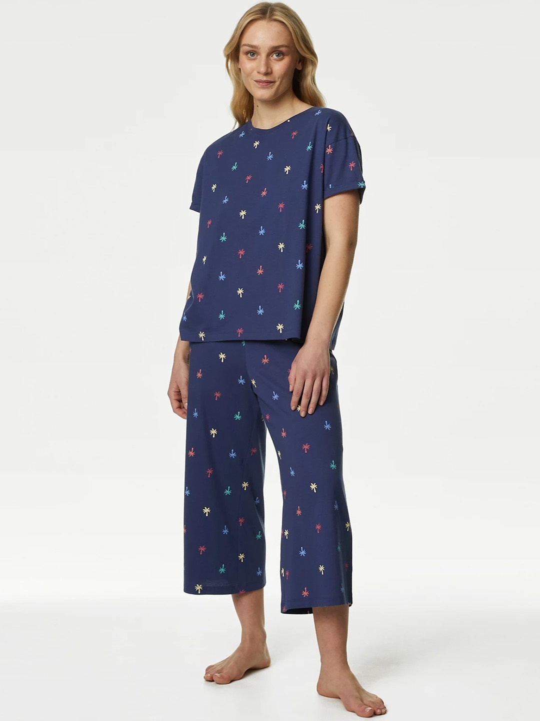 

Marks & Spencer Printed Pure Cotton T-shirt With Pyjamas, Navy blue