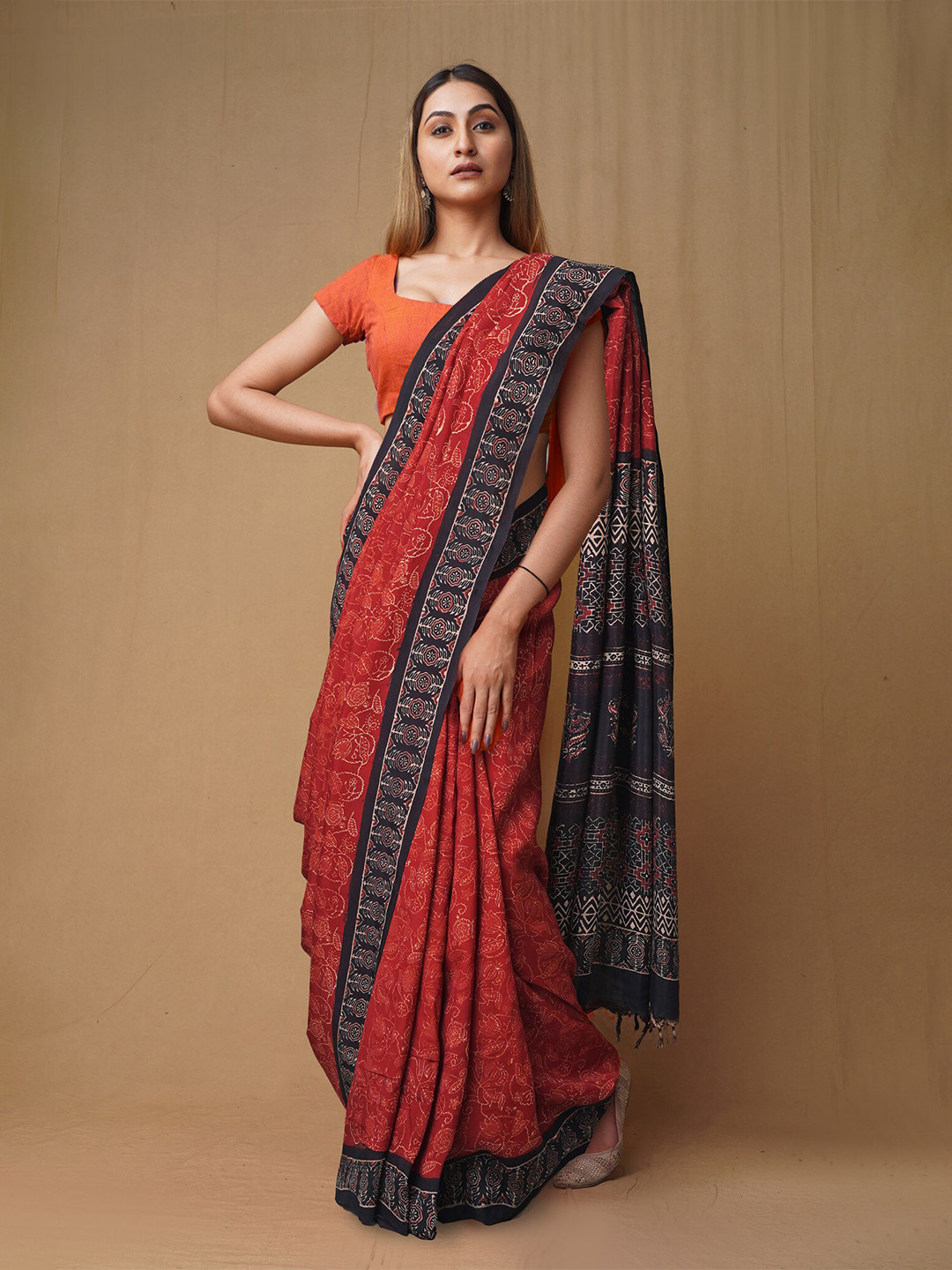 

Unnati Silks Geometric Printed Pure Silk Chanderi Saree, Red