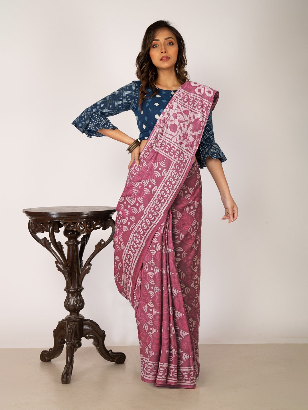 

Unnati Silks Dabu Printed Pure Cotton Handloom Chanderi Saree, Pink
