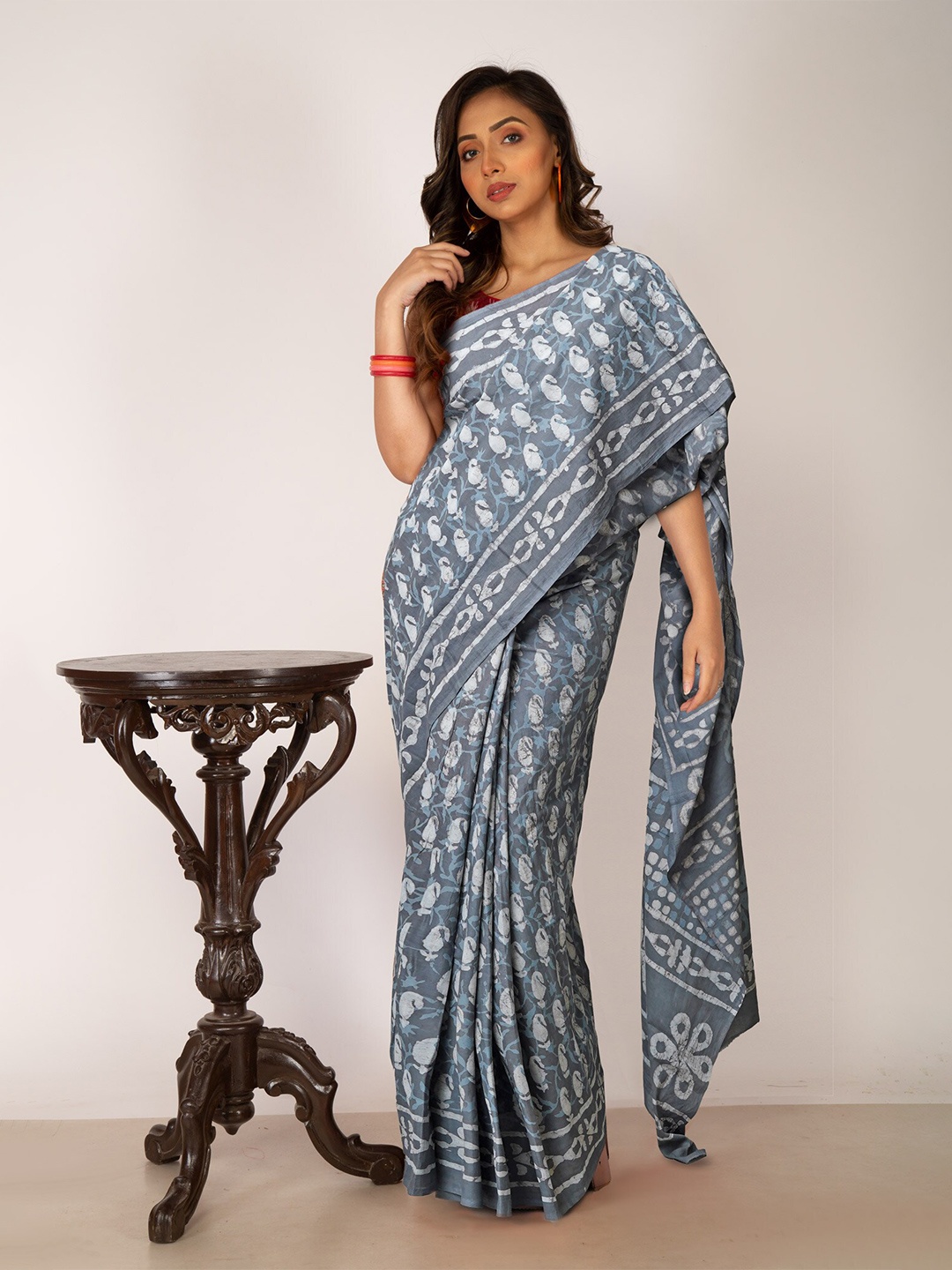 

Unnati Silks Paisley Printed Pure Cotton Chanderi Saree, Grey