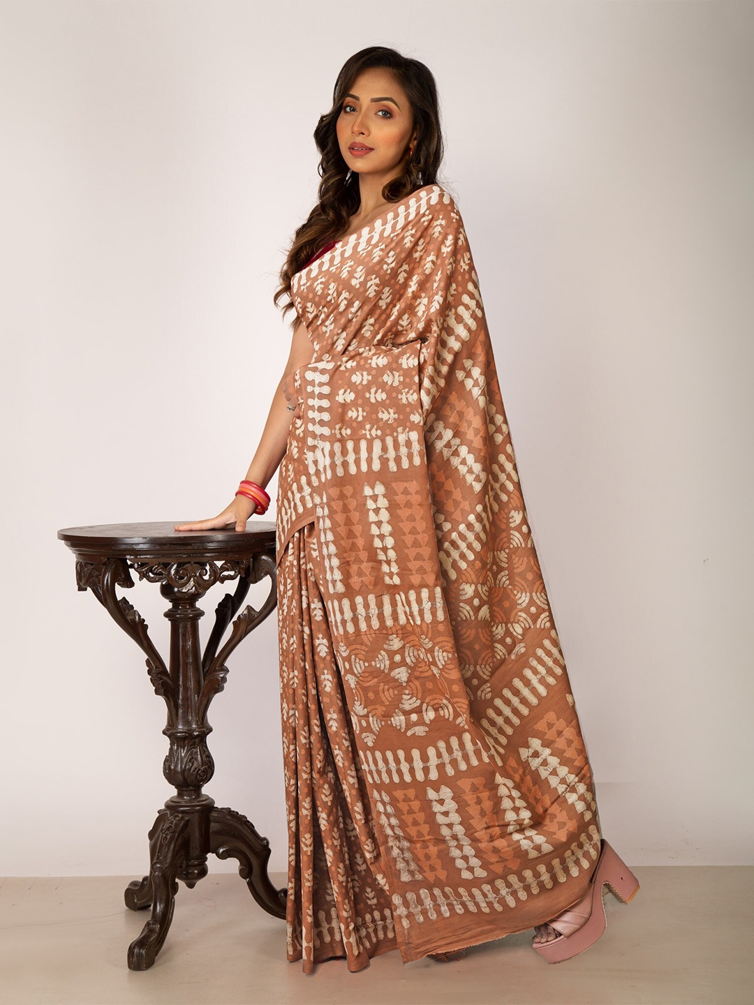 

Unnati Silks Dabu Printed Pure Cotton Chanderi Saree, Brown
