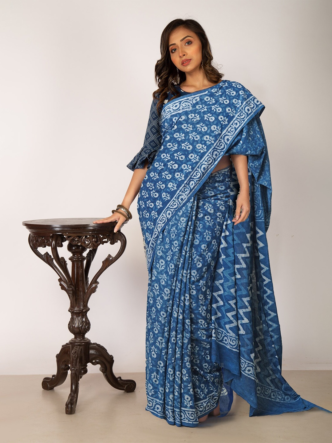 

Unnati Silks Floral Printed Pure Cotton Handloom Chanderi Saree, Blue