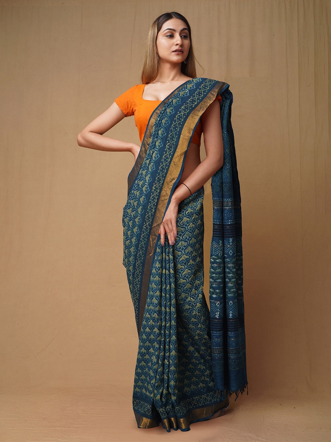 

Unnati Silks Ajrakh Printed Pure Silk Chanderi Saree, Blue