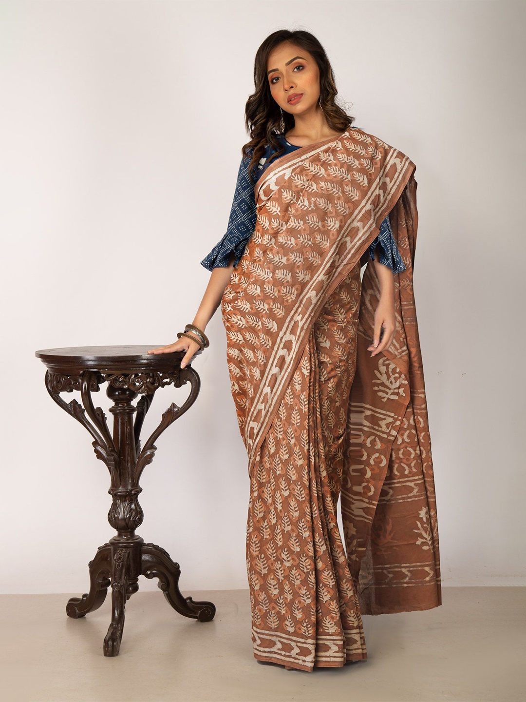 

Unnati Silks Geometric Printed Pure Cotton Handloom Chanderi Saree, Brown