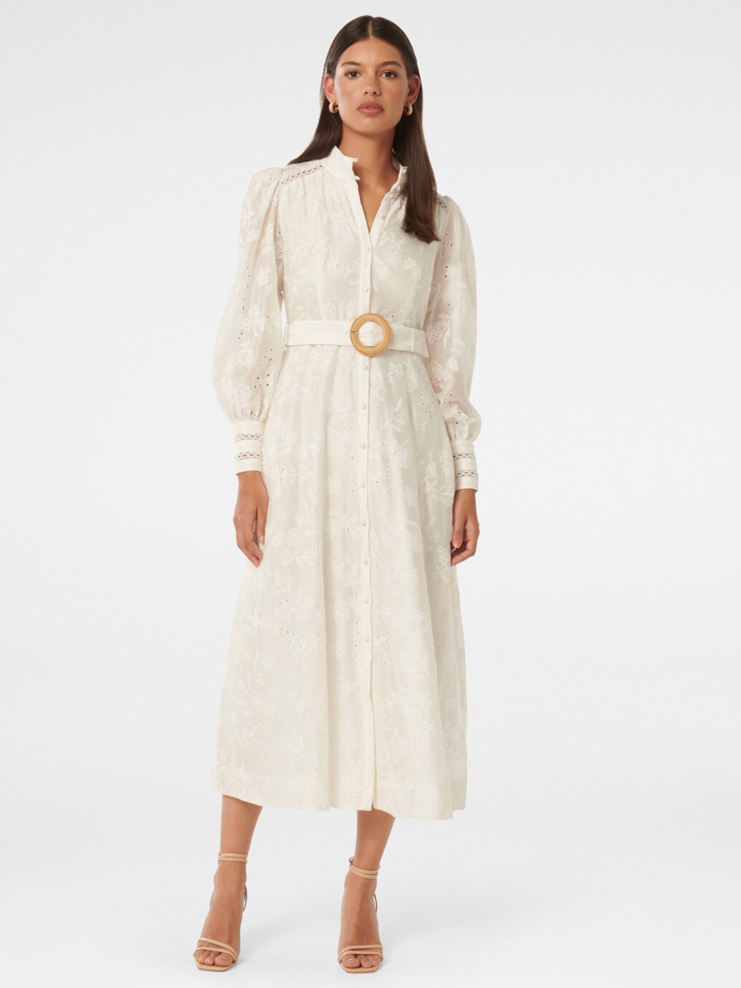 

Forever New Schiffli Shirt Midi Dress With Belt, White
