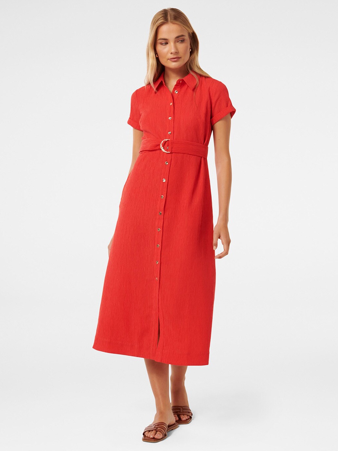 

Forever New Shirt Midi Dress With Belt, Red