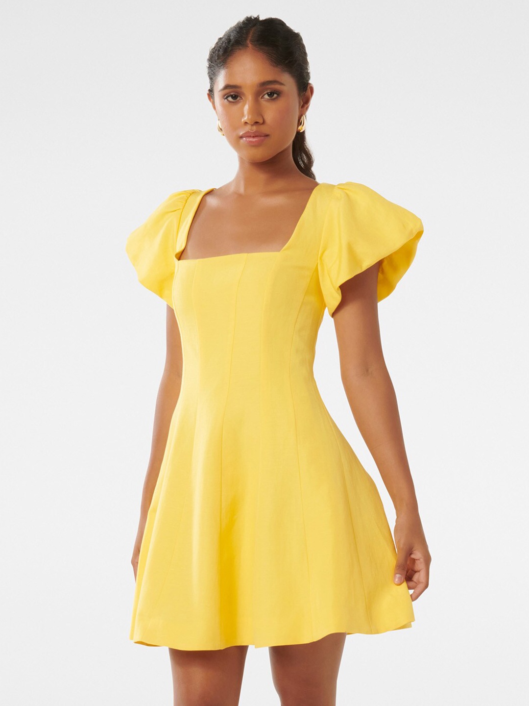 

Forever New Square Neck Flutter Sleeve Linen Fit & Flare Mini Dress, Yellow