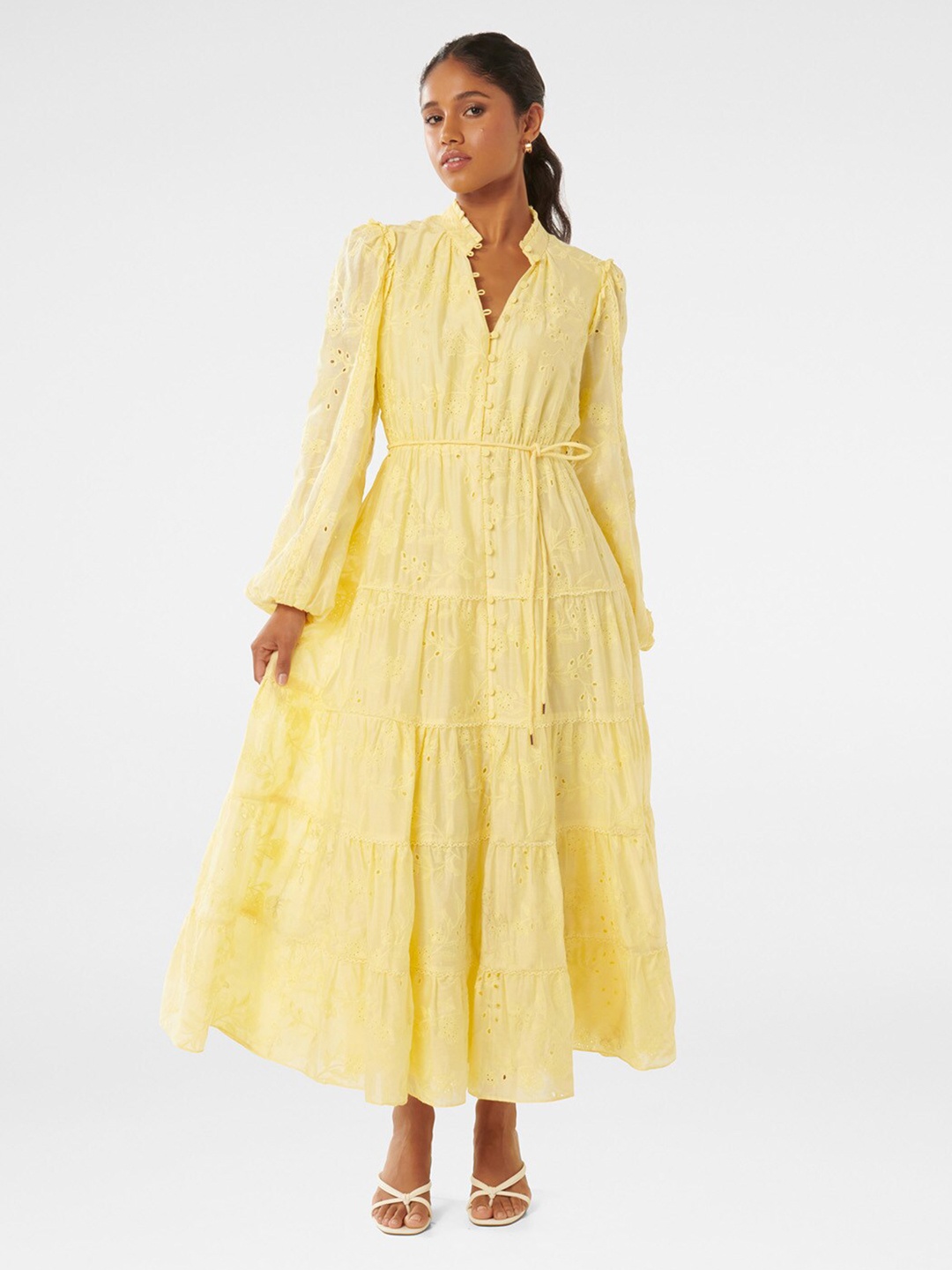 

Forever New Ethnic Motifs Printed Mandarin Collar Long Sleeves Maxi Dress, Yellow