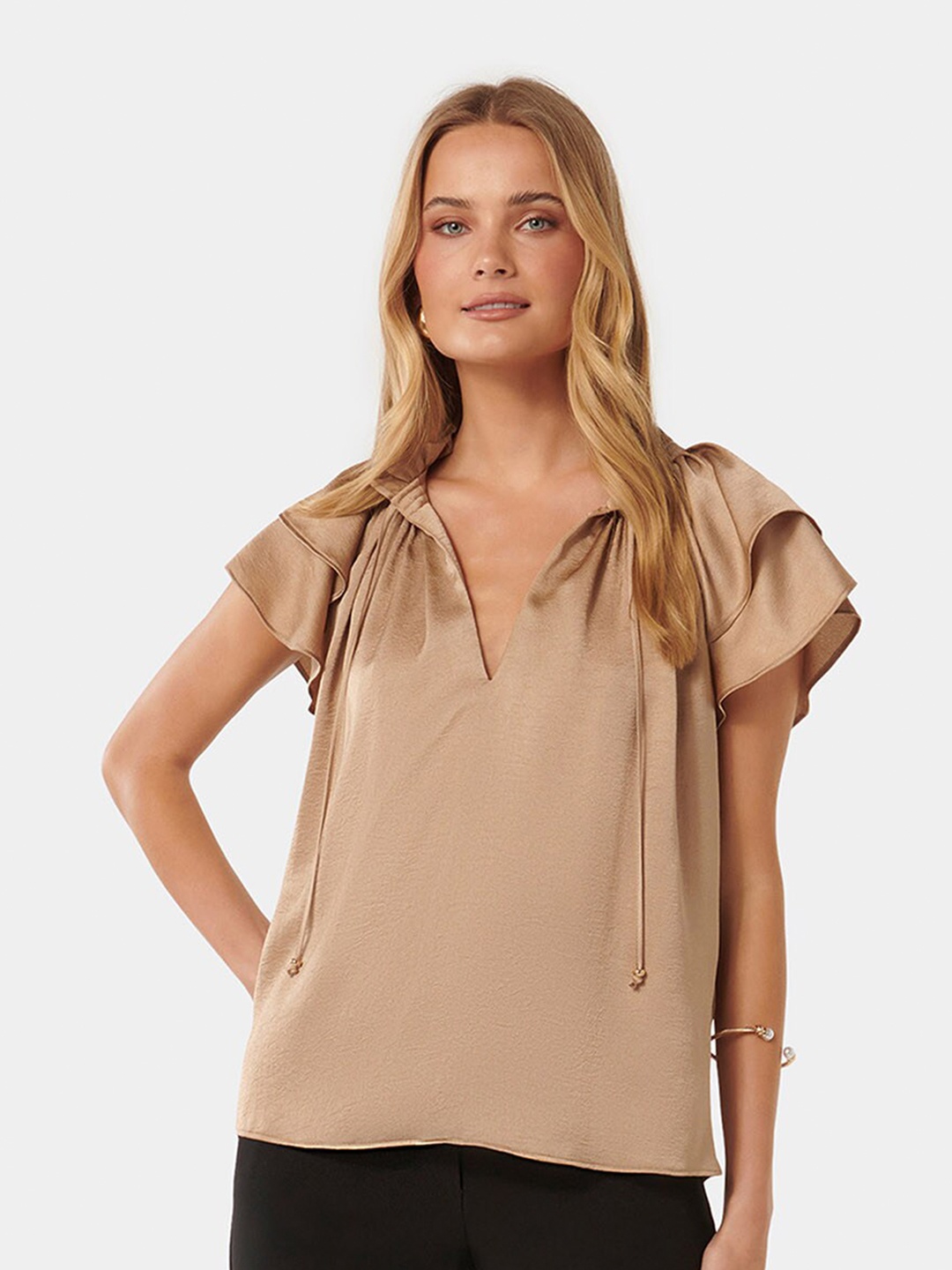 

Forever New Tie-up Neck Flared Sleeves Top, Brown