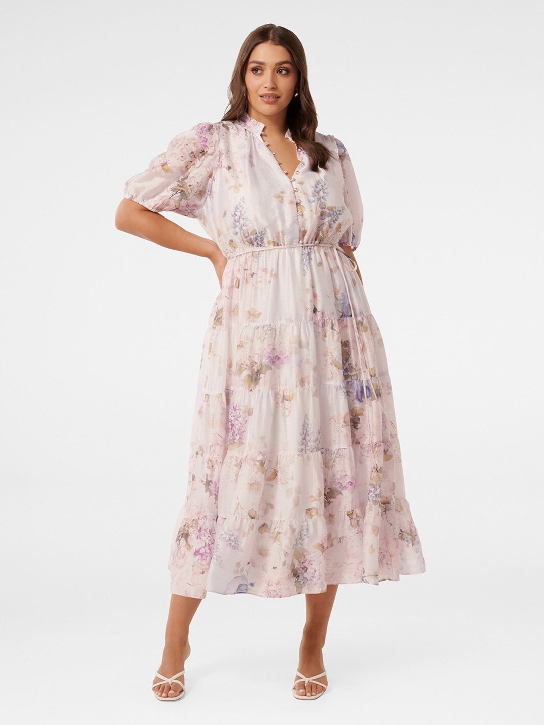 

Forever New Floral Print Flared Sleeve Fit & Flare Midi Dress, White