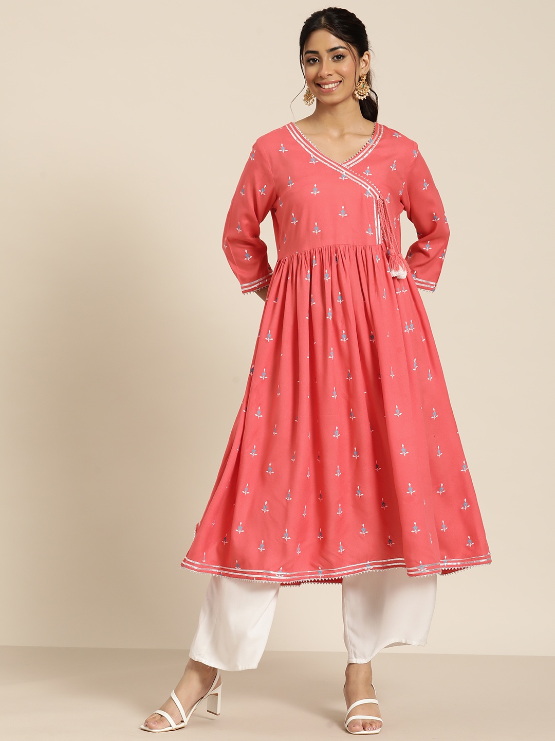 

HERE&NOW Women Floral Printed Gotta Patti Pure Cotton Anarkali Kurta, Orange