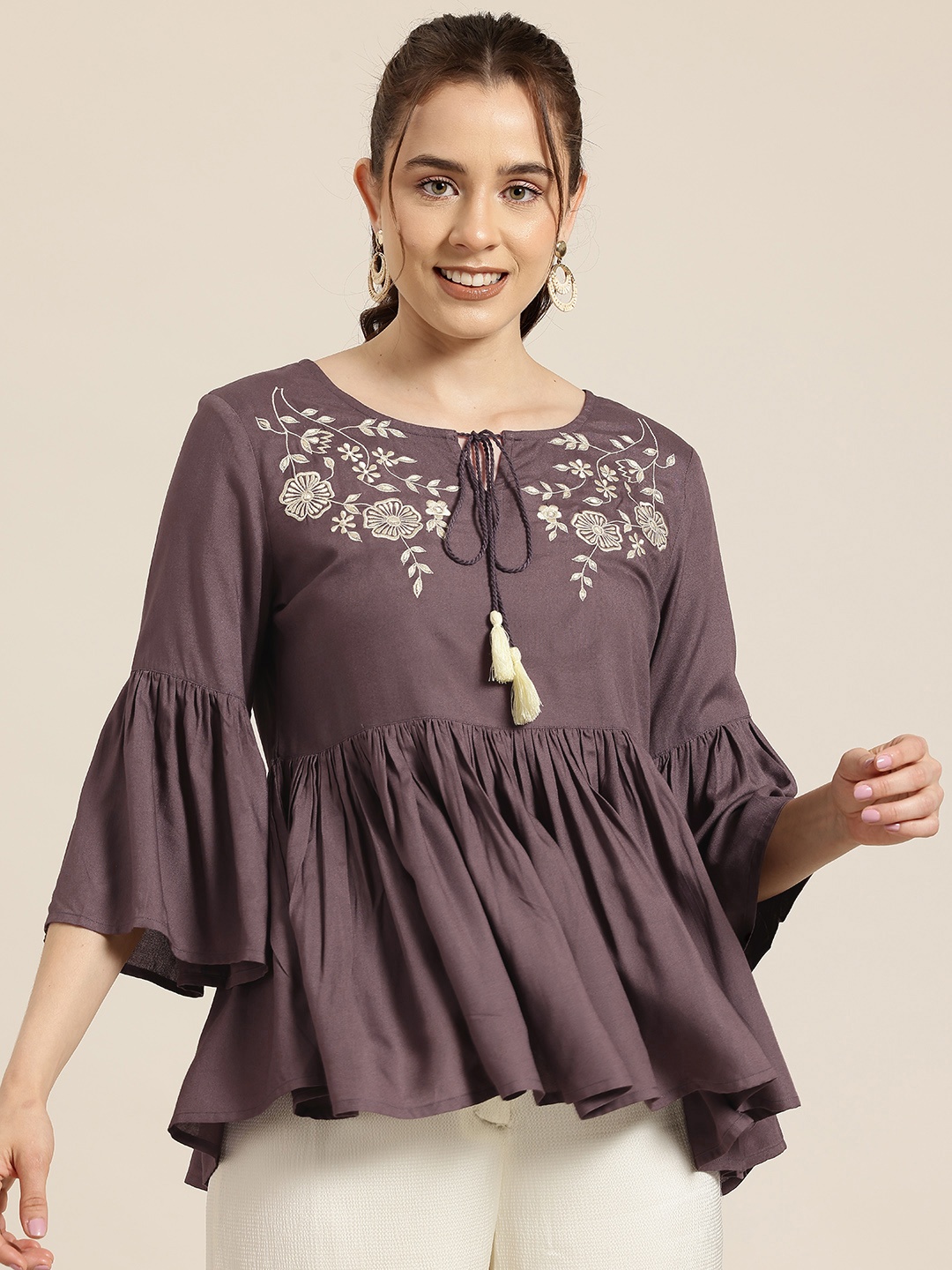 

HERE&NOW Floral Embroidered Zari Tie-Up Neck Bell Sleeves Short Kurti, Brown