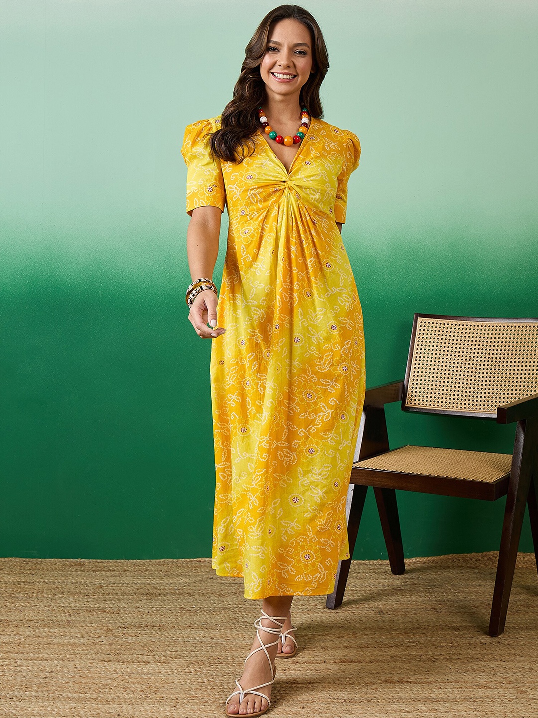 

Sangria Yellow Bandhani Printed Pure Cotton V-Neck A-Line Ethnic Dress