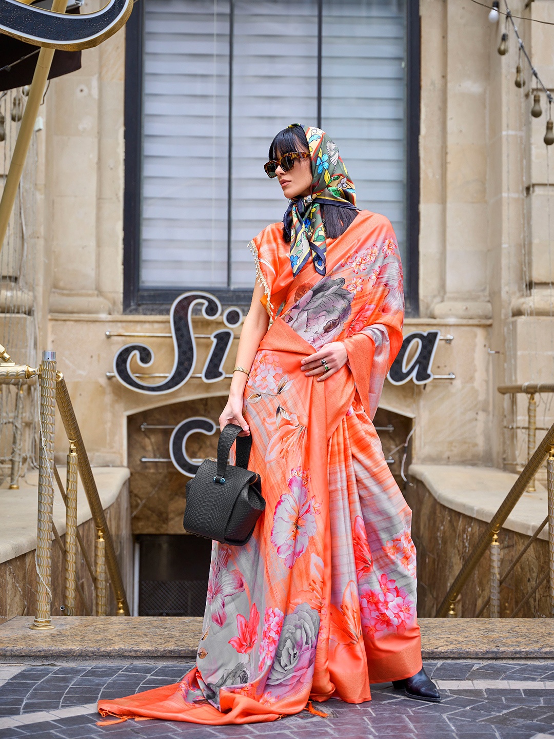 

Mitera Blissta Orange And Grey Floral Printed Zari Saree