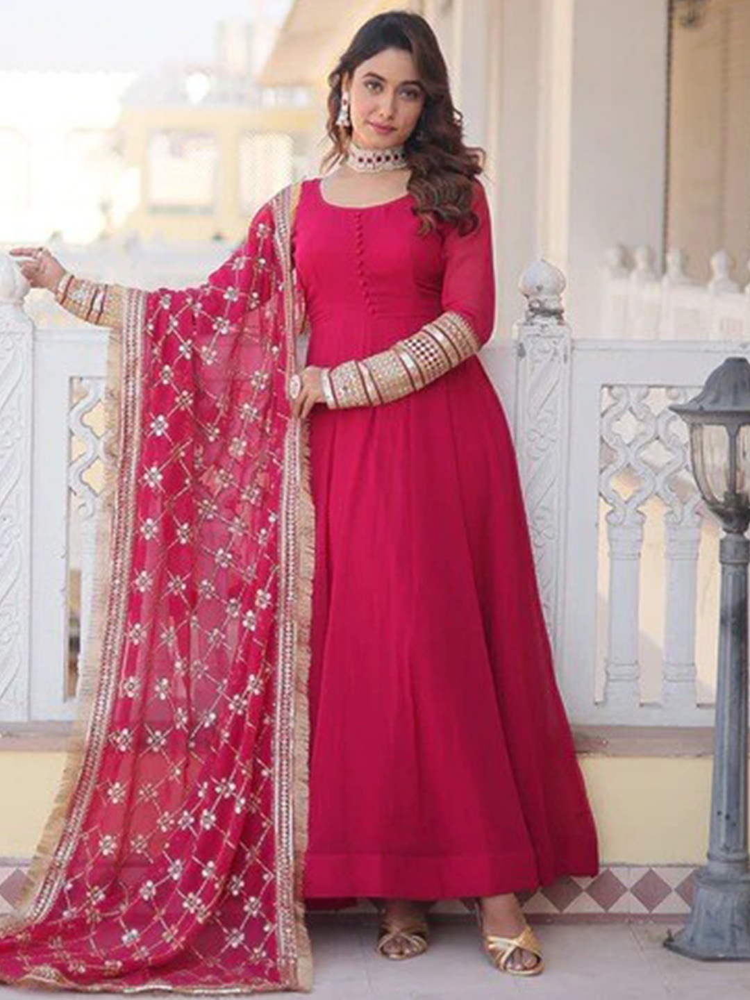 

Ethnic Yard Embellished Georgette Fit and Flare Maxi Ethnic Dress With Dupatta, Pink