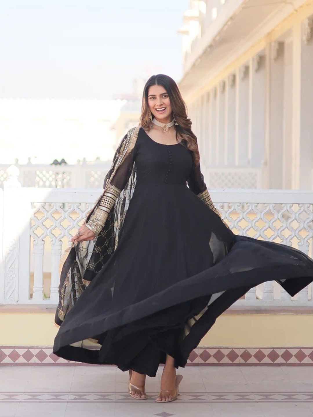 

Ethnic Yard Embellished Georgette Fit and Flare Maxi Ethnic Dress With Dupatta, Black