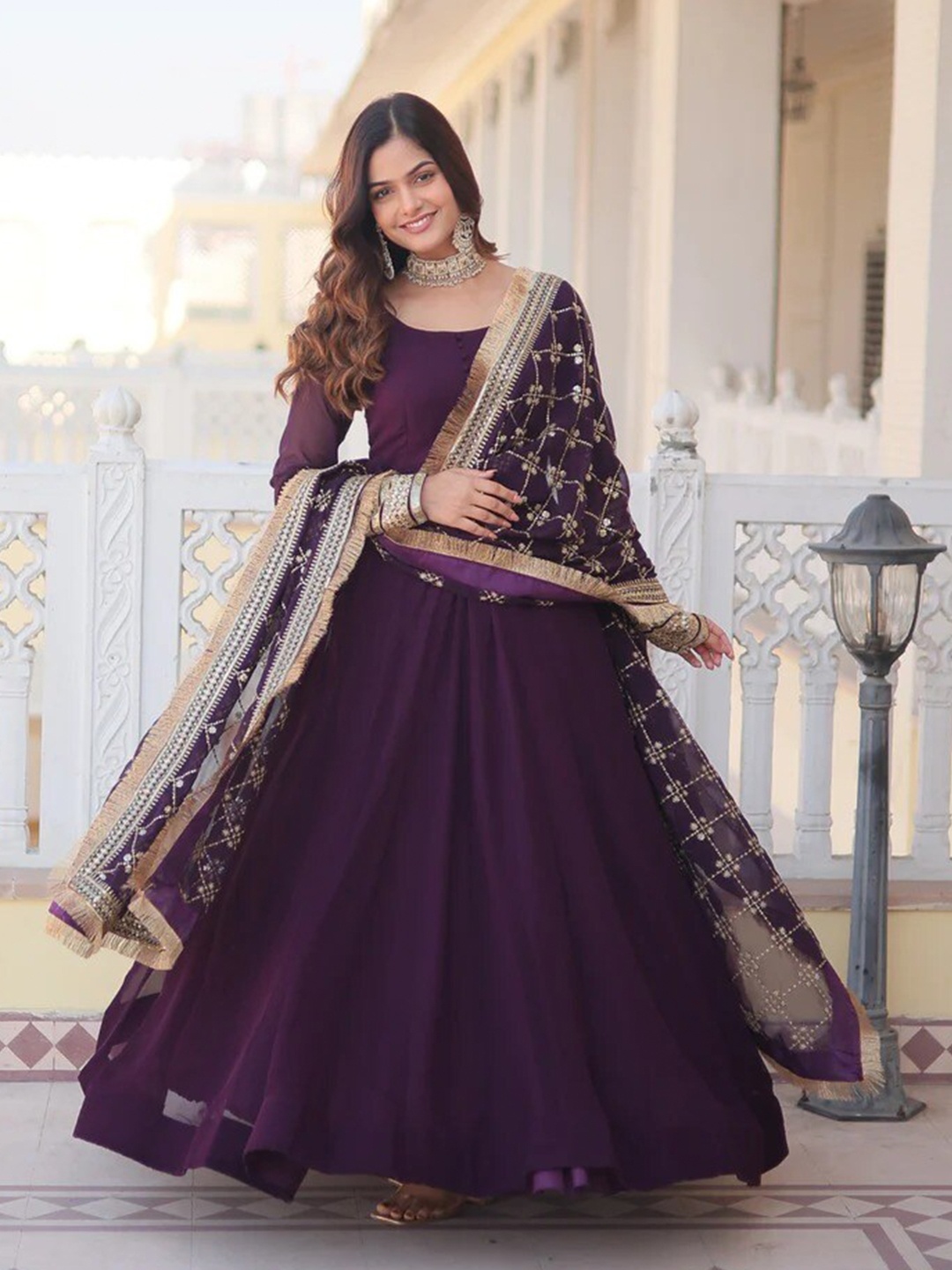 

Ethnic Yard Embellished Georgette Fit and Flare Maxi Ethnic Dress With Dupatta, Purple