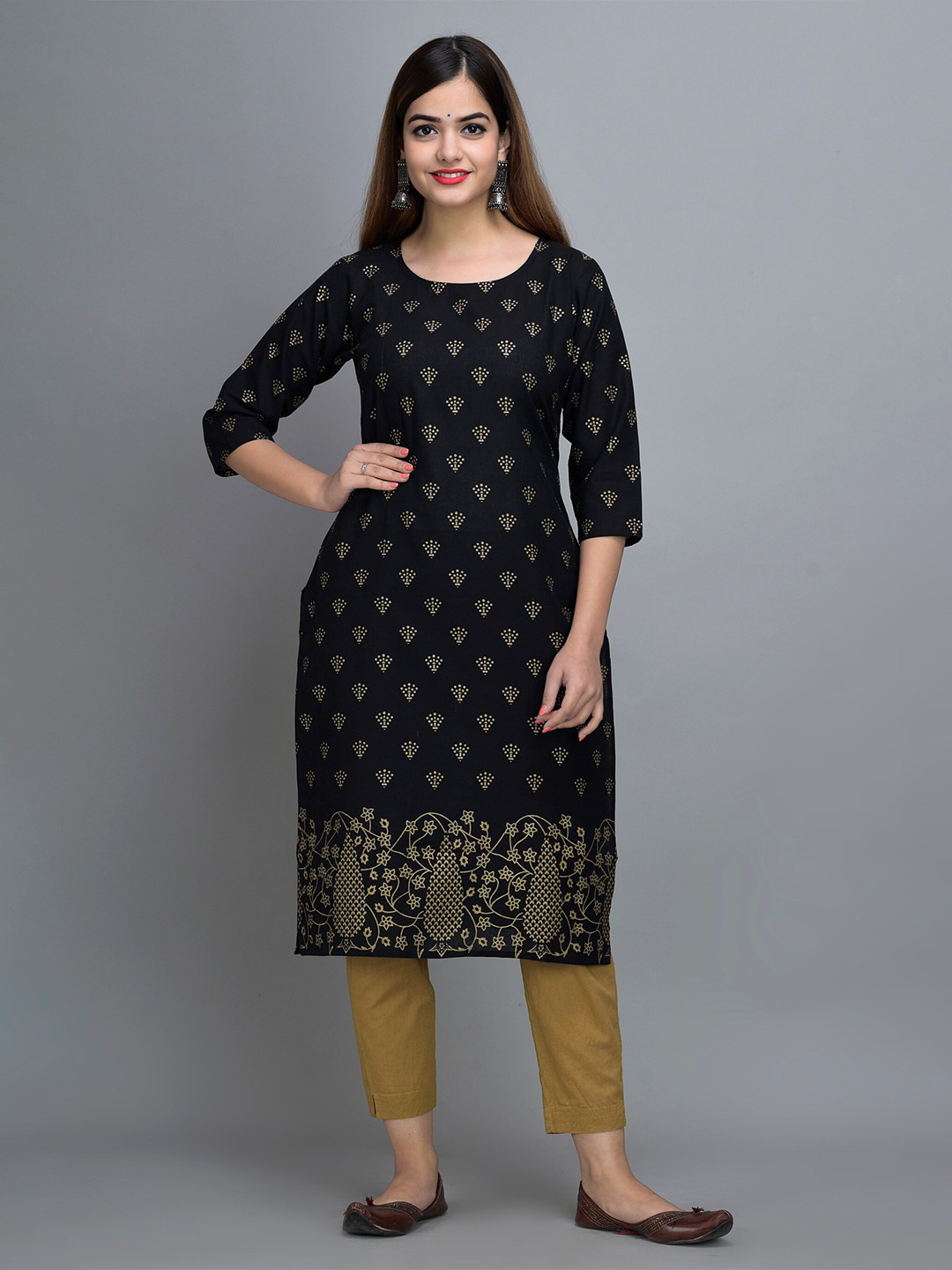 

SURHI Geometric Printed Cotton Straight Kurta, Black