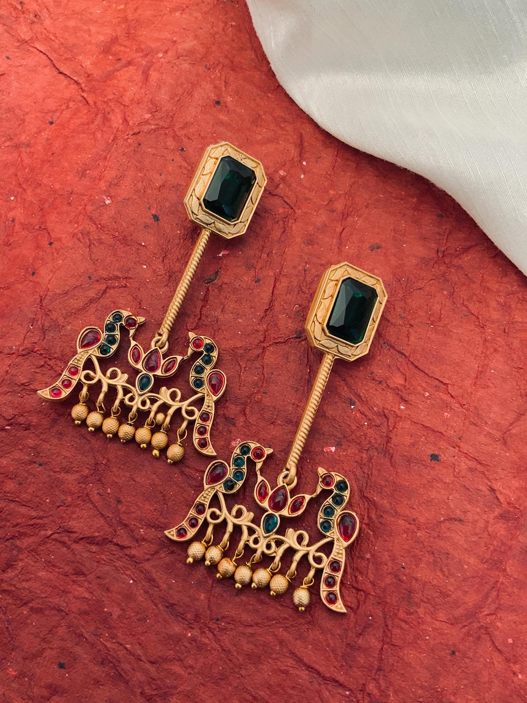 

Sangria Gold-Plated Stone Studded & Beaded Drop Earrings