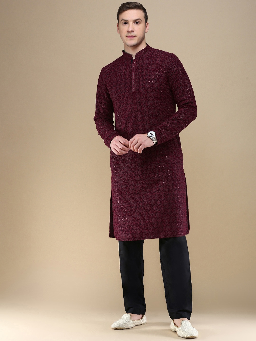 

Anouk Mandarin Collar Long Sleeves Floral Embroidered Sequinned Straight Kurta with Pyjama, Maroon