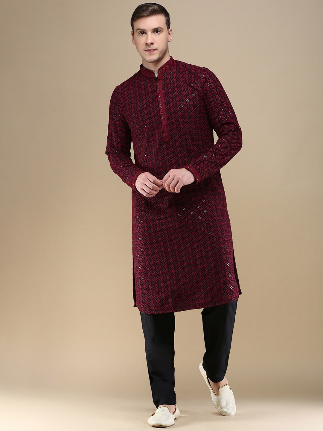 

Anouk Floral Embroidered Mandarin Collar Sequinned Straight Kurta with Pyjamas, Maroon