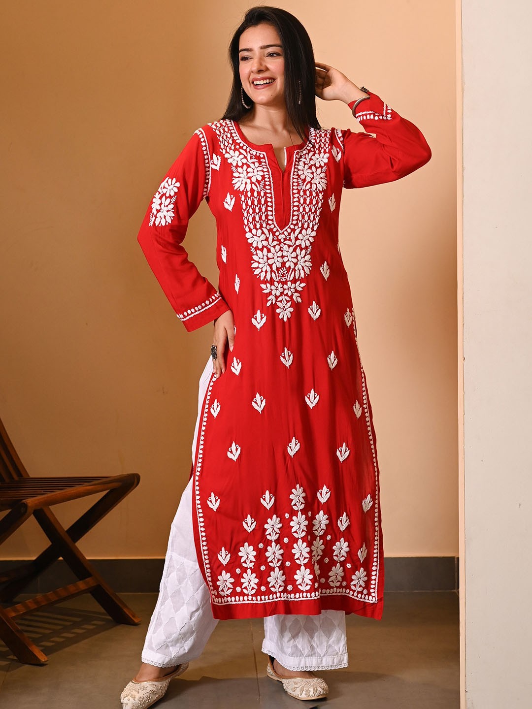 

House of Chikankari Ethnic Motifs Embroidered Cotton Straight Kurta, Red