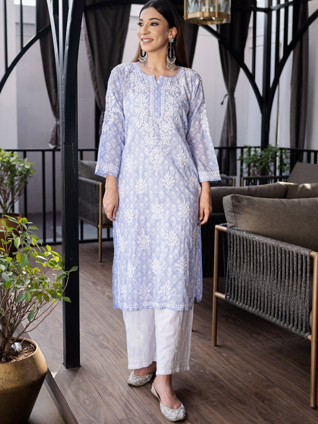 

House of Chikankari Ethnic Motifs Printed Notched Neck Thread Work Cotton Straight Kurta, Purple
