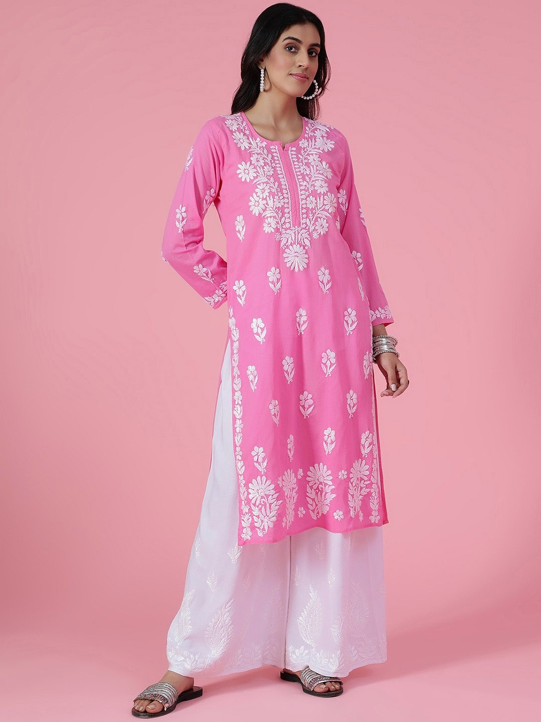

House of Chikankari Chikankari Woven Kurta, Pink