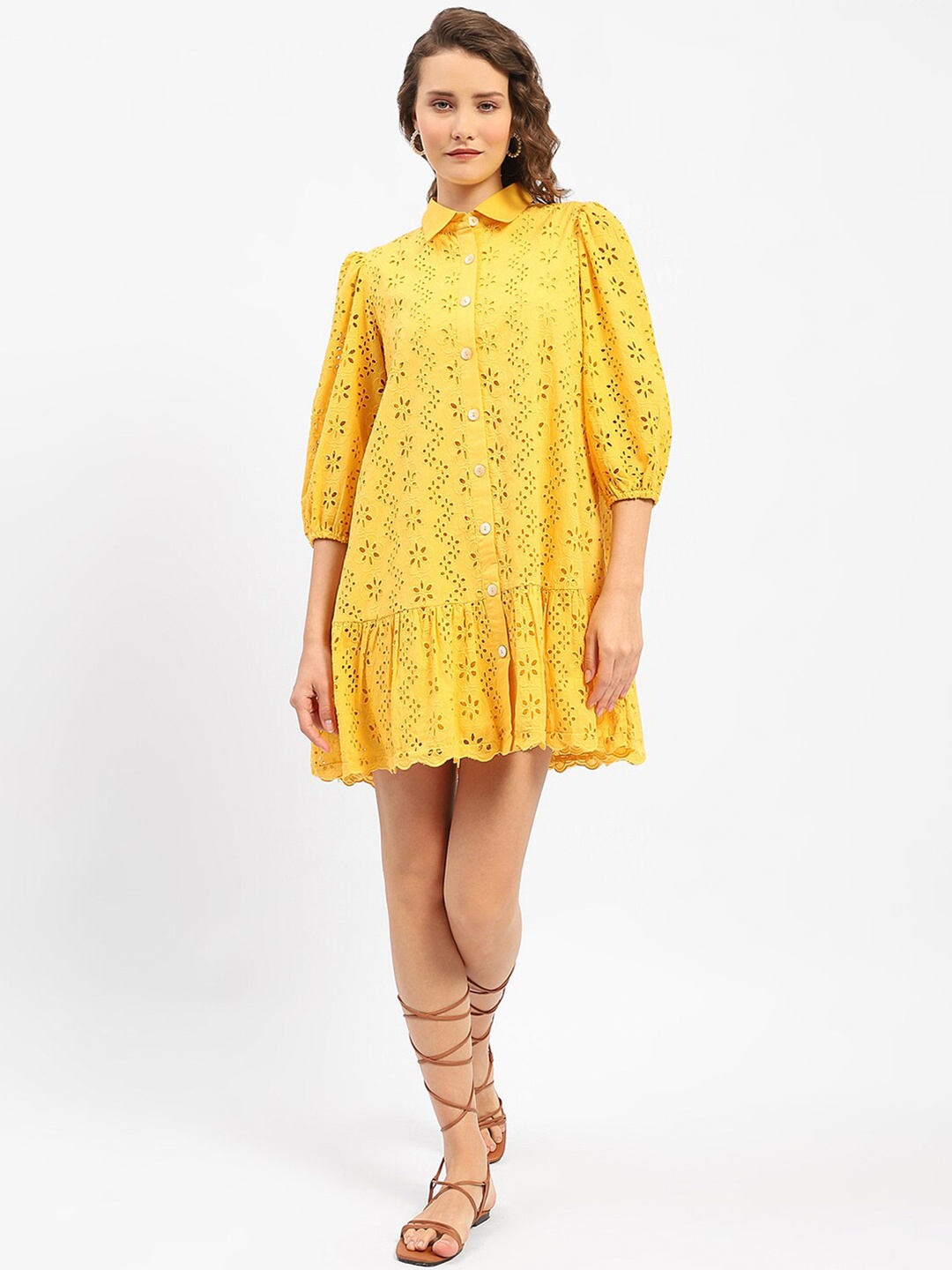 

Madame Floral Print Puff Sleeve Cotton Shirt Dress, Mustard