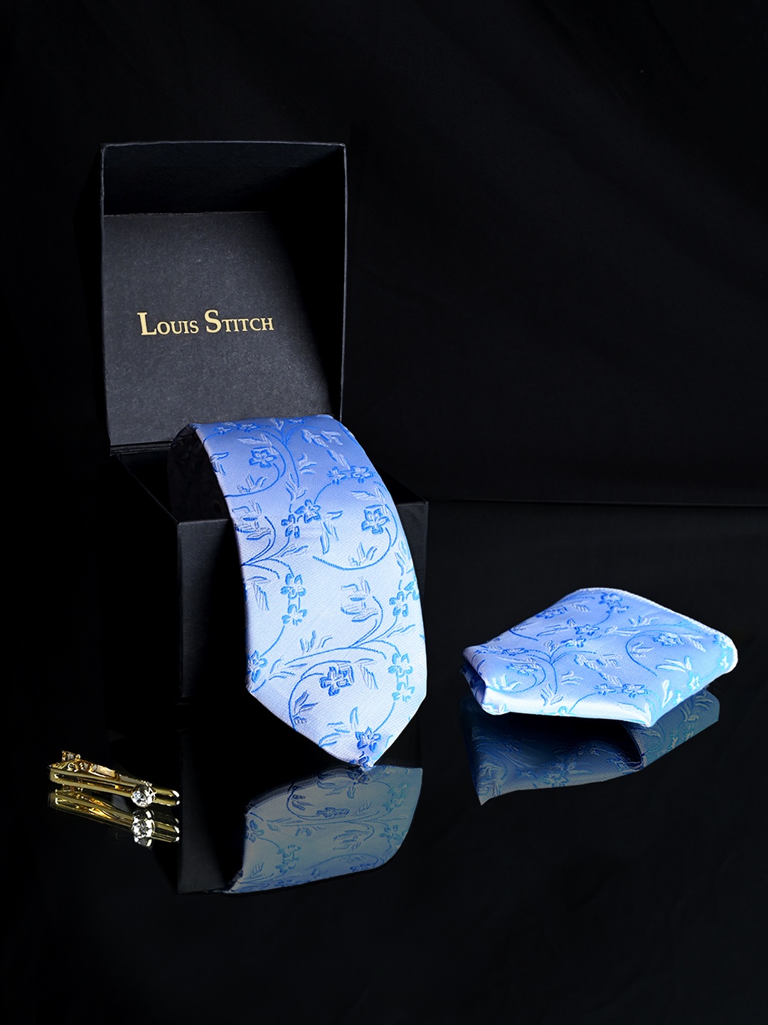 

LOUIS STITCH Men Silk Necktie Accessory Gift Set, Blue