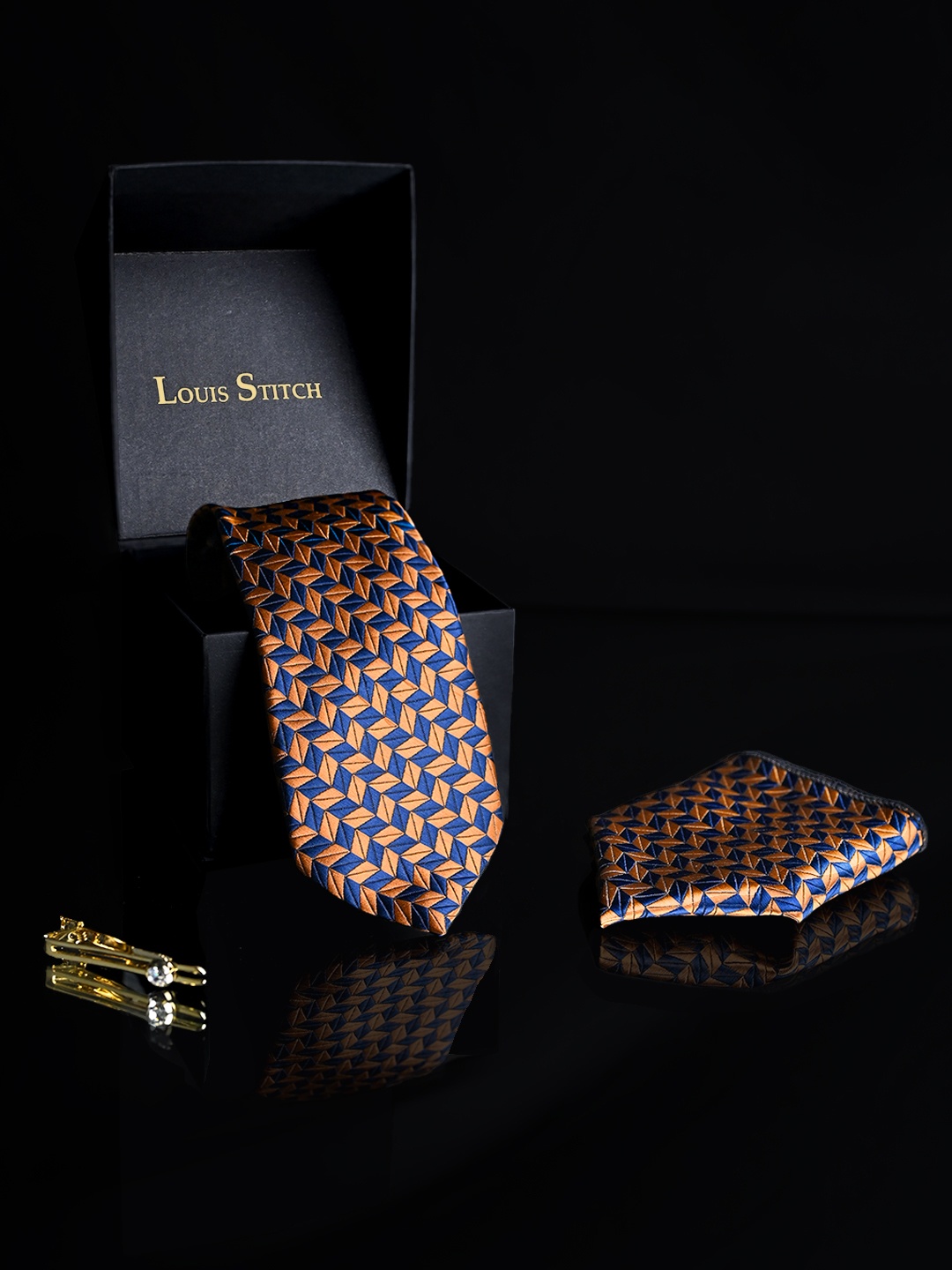 

LOUIS STITCH Men Silk Necktie Accessory Gift Set, Orange