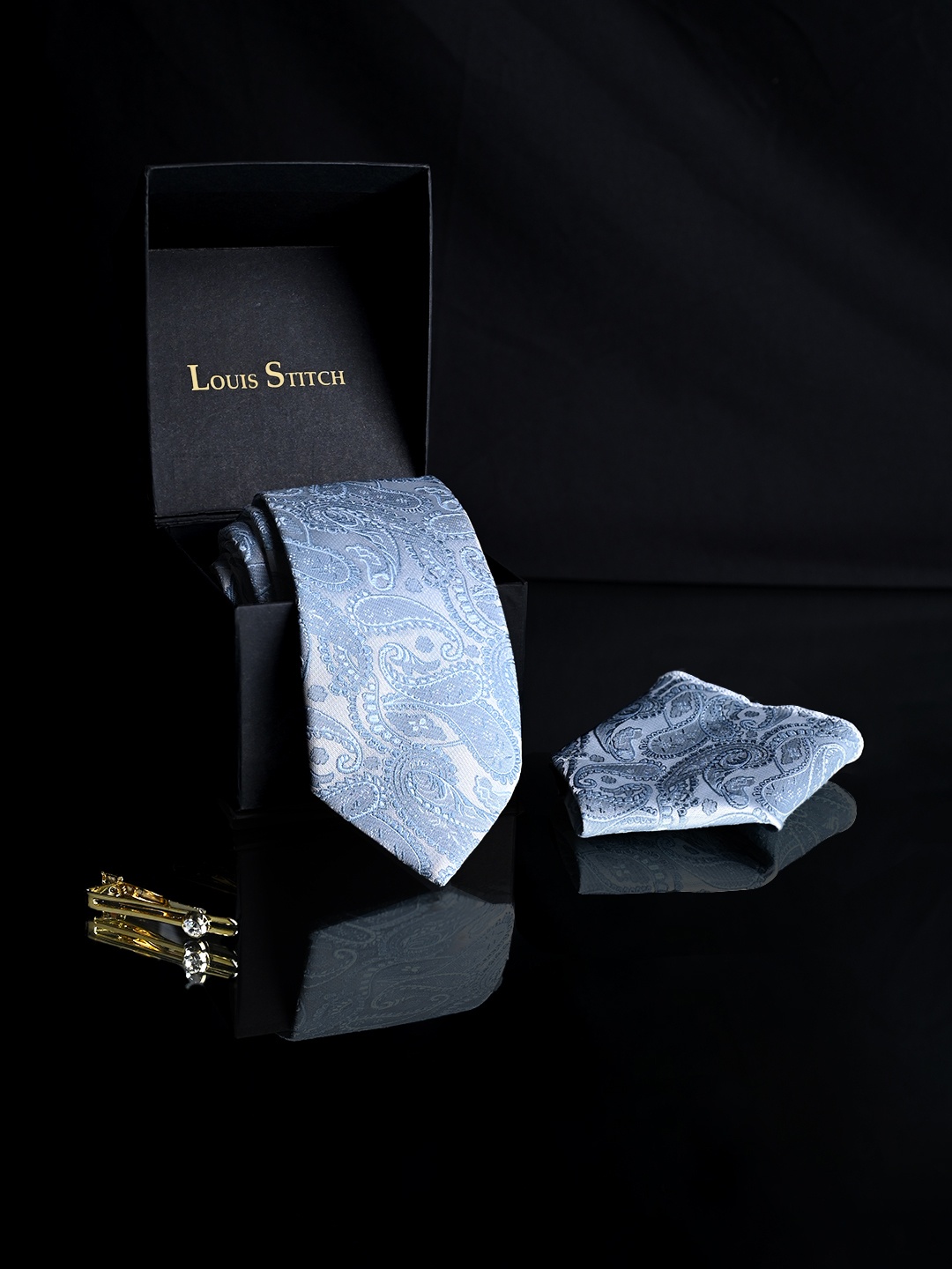 

LOUIS STITCH Men Silk Necktie Accessory Gift Set, Grey