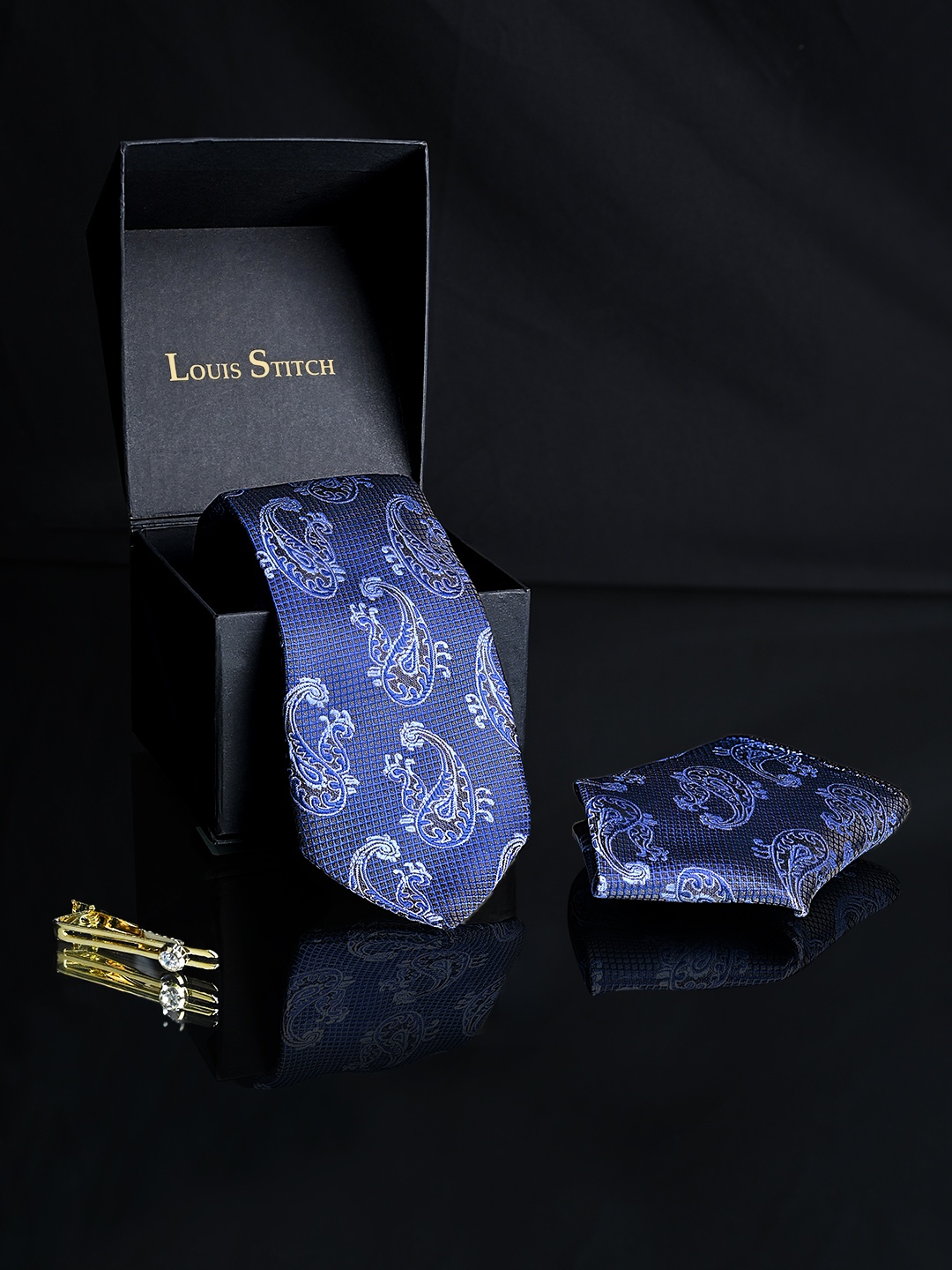 

LOUIS STITCH Men Silk Necktie Accessory Gift Set, Blue