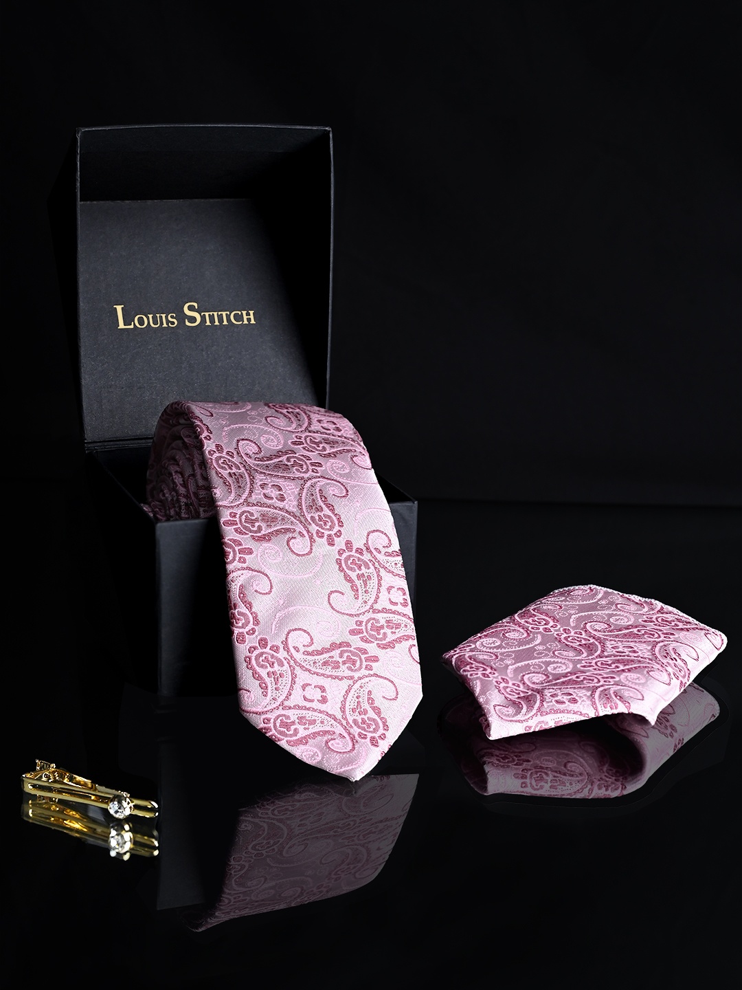 

LOUIS STITCH Men Silk Necktie Accessory Gift Set, Pink