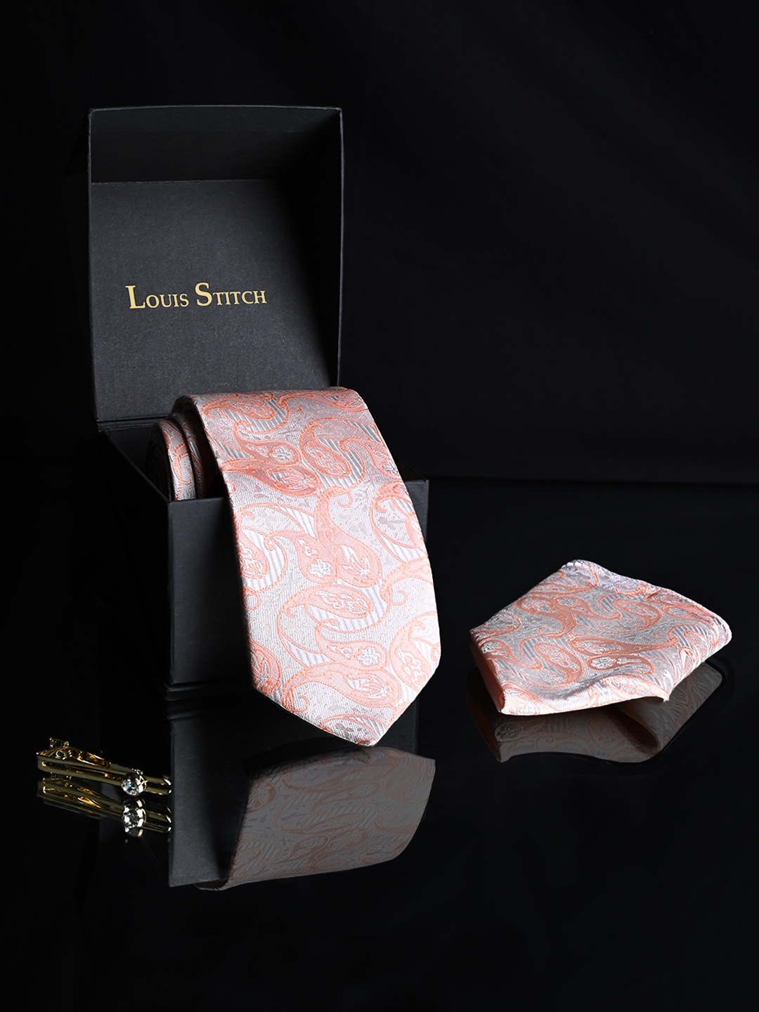 

LOUIS STITCH Men Silk Necktie Accessory Gift Set, Peach