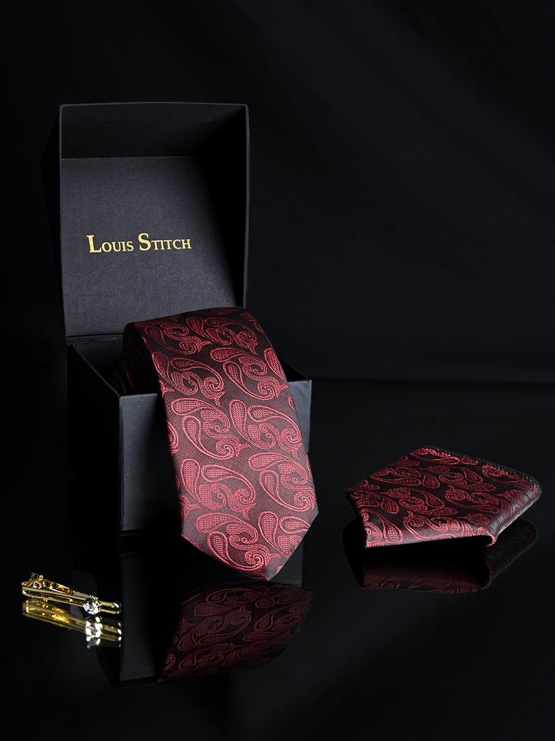 

LOUIS STITCH Men Silk Necktie Accessory Gift Set, Burgundy