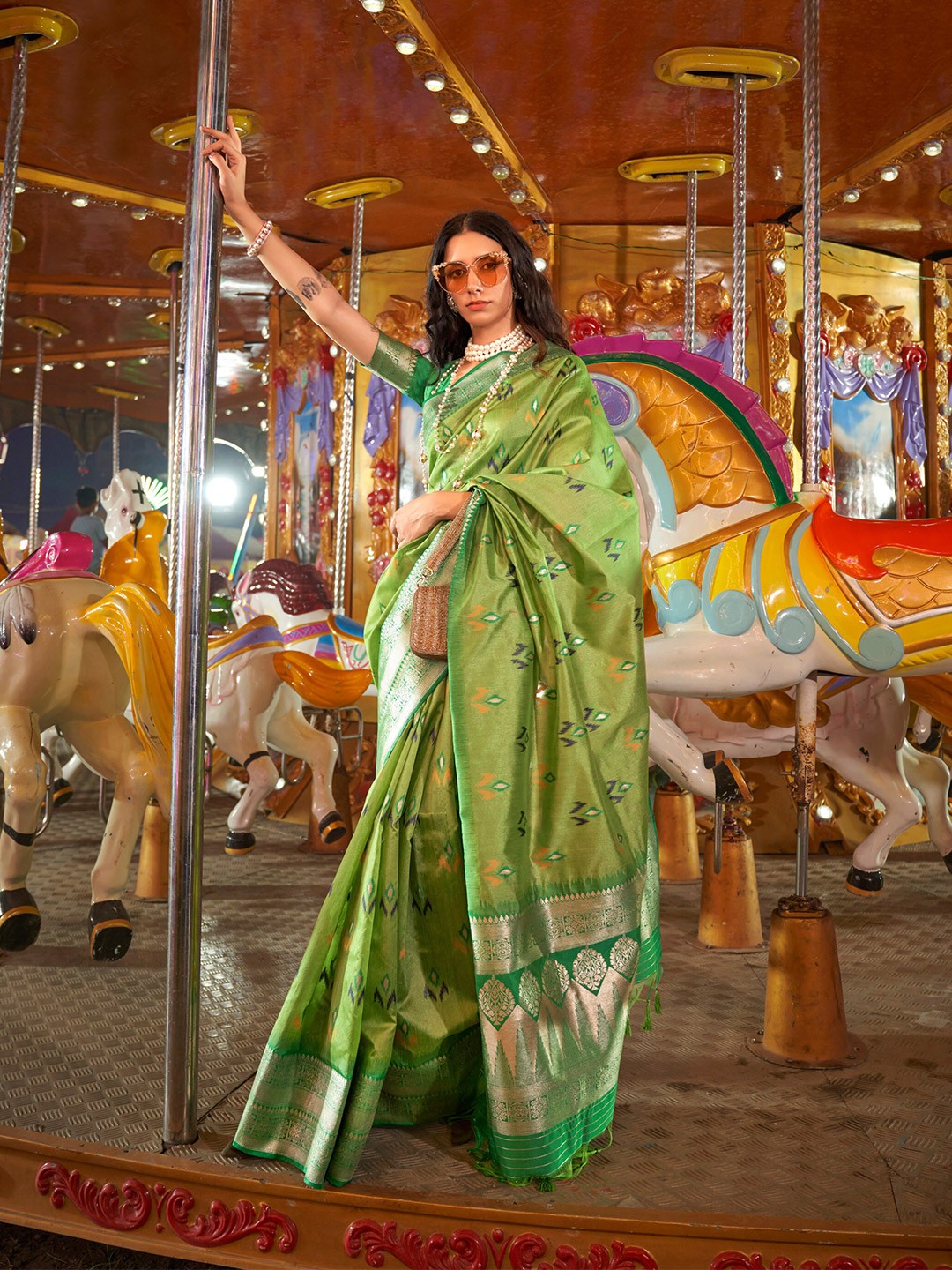 

Mitera Floral Printed Woven Design Zari Saree, Green